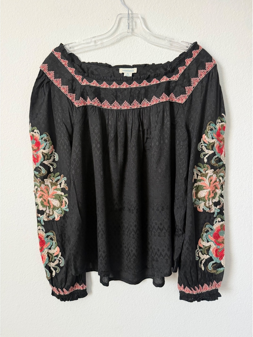 Sundance Floral Embroidered Long Sleeve Square Neck Textured Boho Blouse Size PS